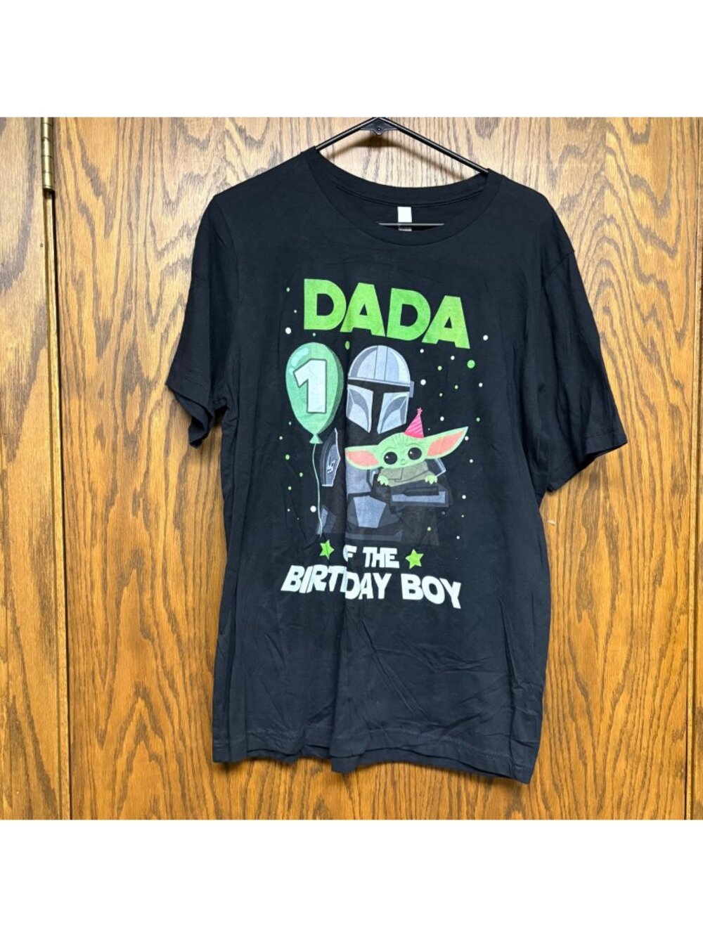 Dada Of the Birthday Boy T-Shirt Mens Large Mandalorian and Baby Yoda Black